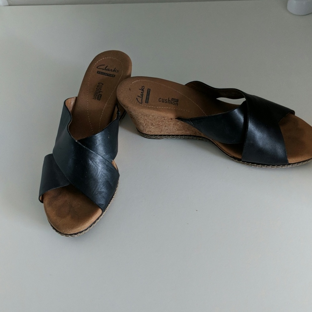 Clark's black leather cork wedge.